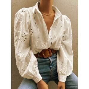 NWT Seven Wonders Cotton Eyelet Embroidered Button Up Top Ivory XS Resort FLAW